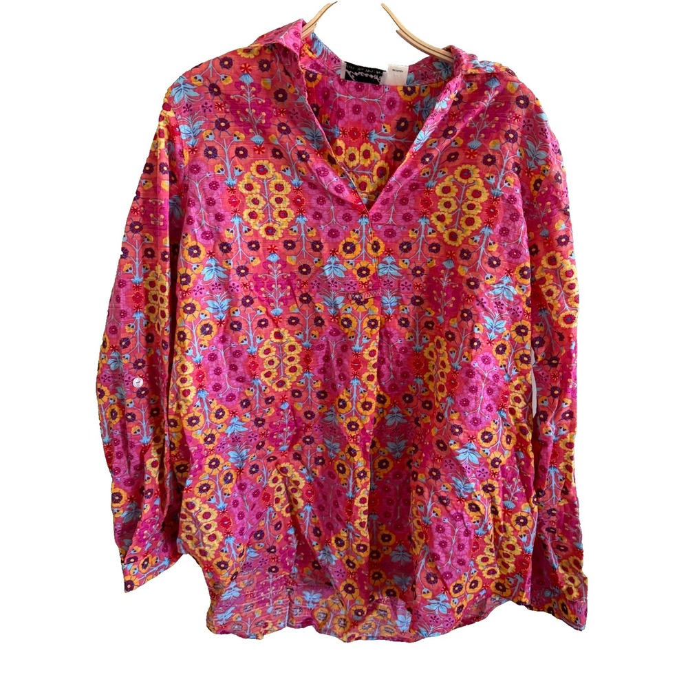Vincente Tunic Top Shirt Large Eyelet‎ Sheer Romantic Artsy Garden Party Multi